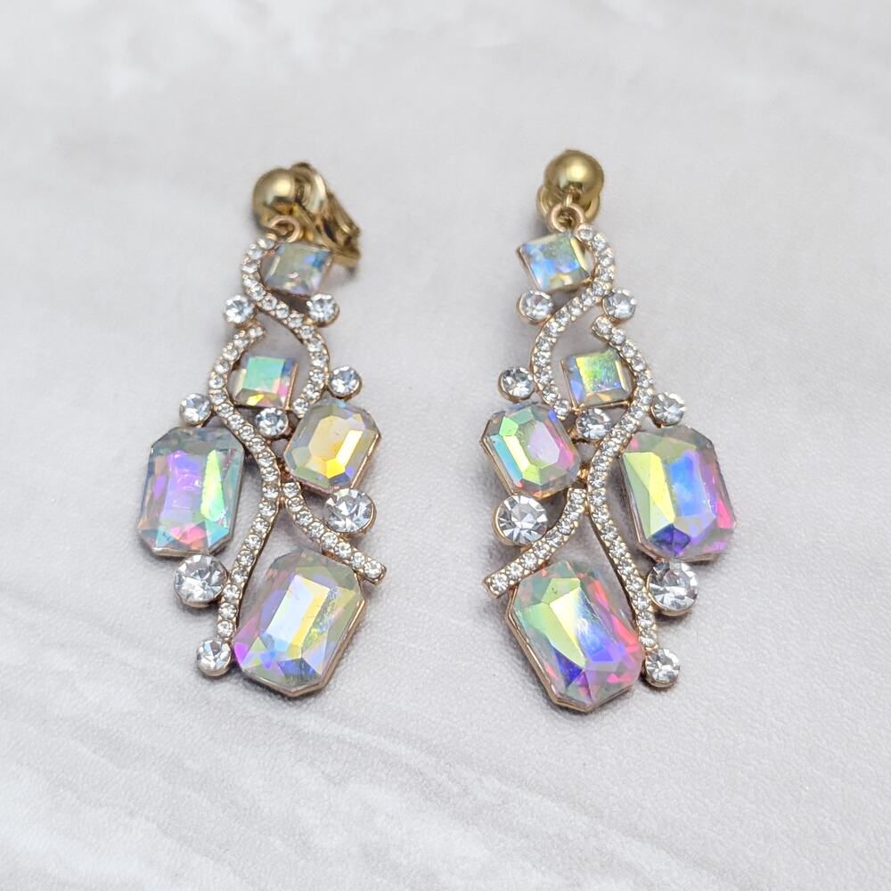 Clip On Earrings Very Large Statement Color Iridescent Drop Dangle 2 & 5/8"